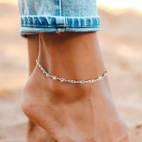 Gold Anklet Silver Ankle Bracelets for Women, 14k Gold Plated Anklets for Women Waterproof Adjustable Hypoallergenic Cute Dainty Simple Twist Chain Anklet Trendy Foot Jewelry Gift in Saudi Arabia