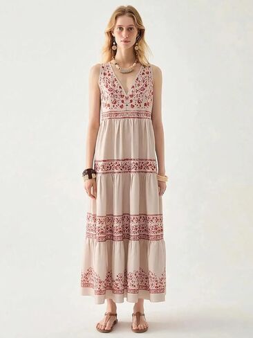 Women's Beige & Red Tiered Maxi Dress - Sleeveless Floral Print Boho Dress in Saudi Arabia