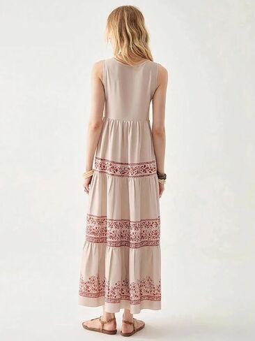 Women's Beige & Red Tiered Maxi Dress - Sleeveless Floral Print Boho Dress in Saudi Arabia