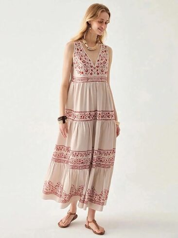 Women's Beige & Red Tiered Maxi Dress - Sleeveless Floral Print Boho Dress in Saudi Arabia