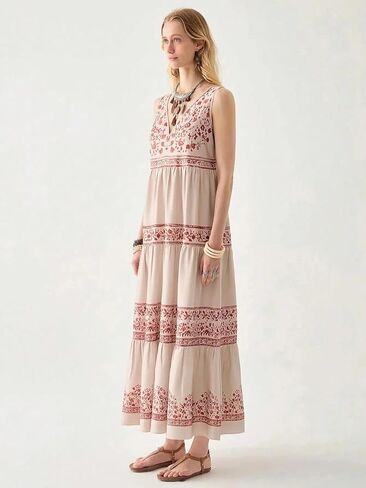 Women's Beige & Red Tiered Maxi Dress - Sleeveless Floral Print Boho Dress in Saudi Arabia