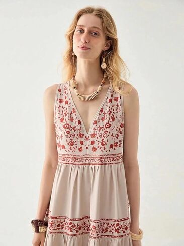 Women's Beige & Red Tiered Maxi Dress - Sleeveless Floral Print Boho Dress in Saudi Arabia