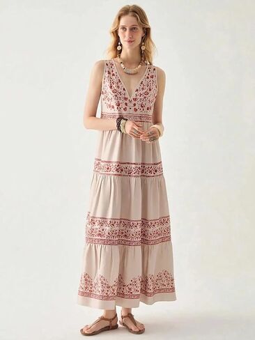 Women's Beige & Red Tiered Maxi Dress - Sleeveless Floral Print Boho Dress in Saudi Arabia