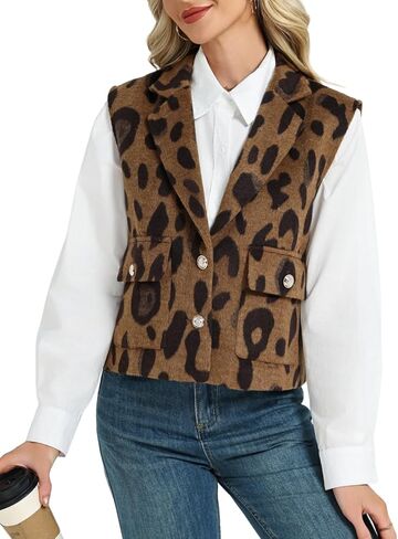 LifeShe Leopard Flannel Vest Women Casual Cheetah Sleeveless Blazer Winter Button Down Jacket with Pockets in Kuwait