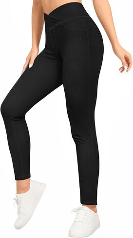 Women's High Waisted Jeggings V Cross Jeans Skinny Pull On Stretchy Leggings with Back Pockets in Saudi Arabia
