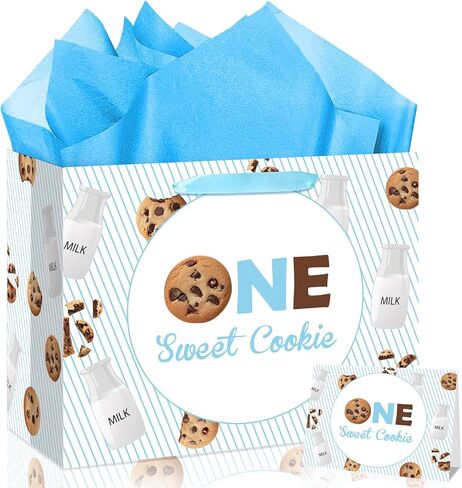 Milk and Cookies 1st Birthday Gift Bag One Sweet Boy Gift Bag with Greeting Card Tissue Papers First Birthday Wrapping Paper Bag for Boys Cookies Themed Baby Shower Party Favors in Saudi Arabia