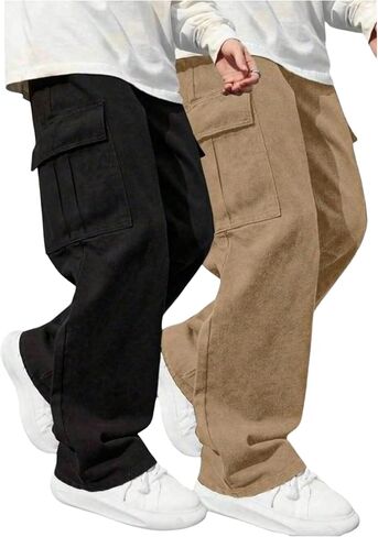GORGLITTER Boy's Cargo Pants 2 Pack Baggy Wide Leg Elastic Waist Athletic Joggers Hiking Pants with Pockets in Saudi Arabia