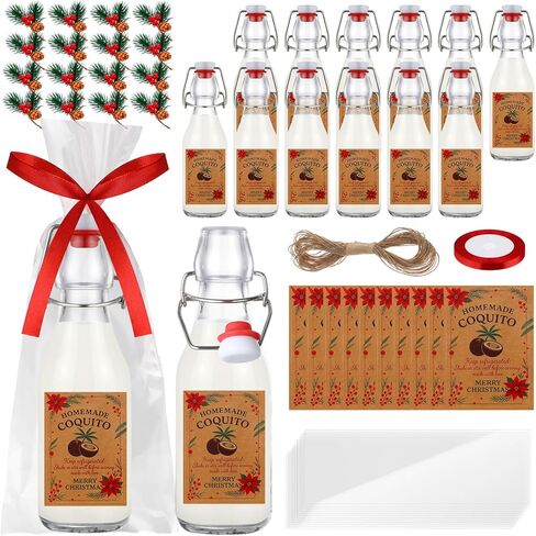 12 Pcs Christmas Coquito Swing Top Glass Bottles 8.5 oz Round Flip Top Brewing Bottles with Pine Needle Stickers for Home Brewing Liqueur DIY Wedding Christmas Gifts Party Favors in Saudi Arabia