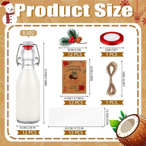 12 Pcs Christmas Coquito Swing Top Glass Bottles 8.5 oz Round Flip Top Brewing Bottles with Pine Needle Stickers for Home Brewing Liqueur DIY Wedding Christmas Gifts Party Favors in Saudi Arabia