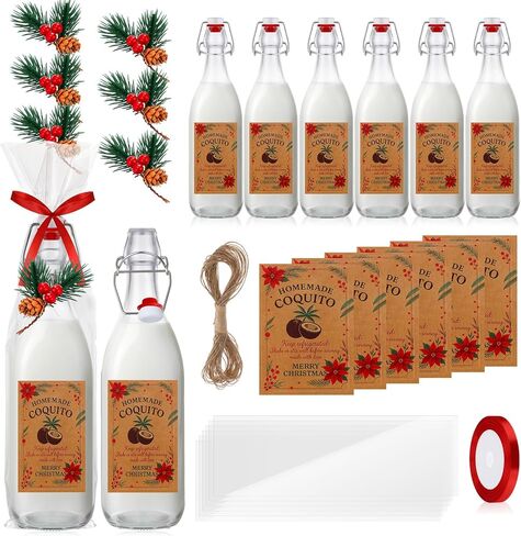 12 Pcs Christmas Coquito Swing Top Glass Bottles 8.5 oz Round Flip Top Brewing Bottles with Pine Needle Stickers for Home Brewing Liqueur DIY Wedding Christmas Gifts Party Favors in Saudi Arabia