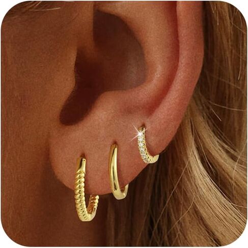 Gold Earrings for Women 14k Gold/Silver Plated Huggie Hoop Earring Set Stack for Women Aretes De Mujer Stackable Trendy Jewelry Hypoallergenic Non Tarnish Waterproof Lightweight Gift for Her in Saudi Arabia