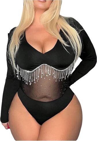 سالوبيت نسائي من MakeMeChic بمقاس كبير وأكمام طويلة ورقبة على شكل حرف V شبكي وأهداب من حجر الراين للحفلات الراقصة in Saudi Arabia