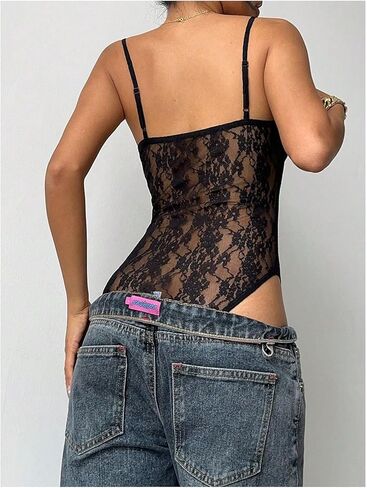 MakeMeChic Women's Fall Lace Tops Mesh Sheer Sleeveless Open Back Bodysuit Going Out Y2K Leotards Tank Tops in Saudi Arabia
