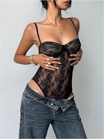 MakeMeChic Women's Fall Lace Tops Mesh Sheer Sleeveless Open Back Bodysuit Going Out Y2K Leotards Tank Tops in Saudi Arabia