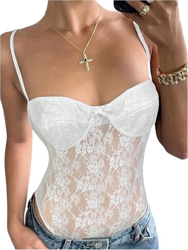 MakeMeChic Women's Fall Lace Tops Mesh Sheer Sleeveless Open Back Bodysuit Going Out Y2K Leotards Tank Tops in Saudi Arabia