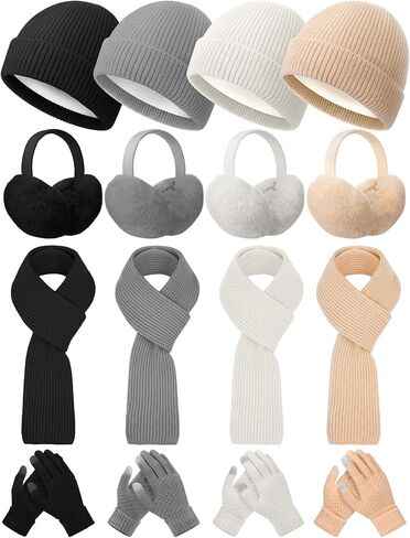 Shihanee 16 Pcs 4 Sets Winter Hat Scarf Gloves Earmuffs Set for Women Gifts Winter for Family Friends Charity in Kuwait