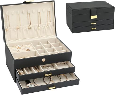 Jewelry Box，4-Layer Large Jewelry Organizers for Women with 3 Drawers,Storage Modern Style Jewelry Boxes Storage of Earrings Rings Bracelets Necklace（Black） in Kuwait