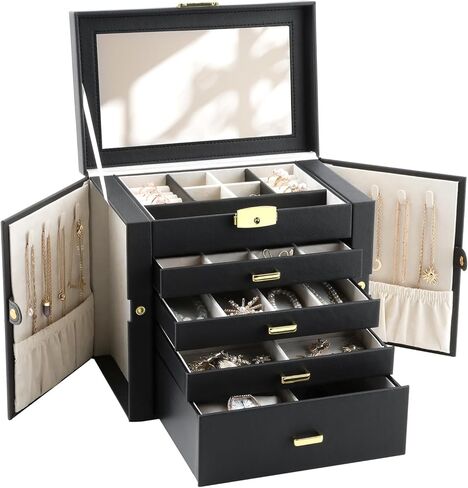 Jewelry Box，4-Layer Large Jewelry Organizers for Women with 3 Drawers,Storage Modern Style Jewelry Boxes Storage of Earrings Rings Bracelets Necklace（Black） in Kuwait