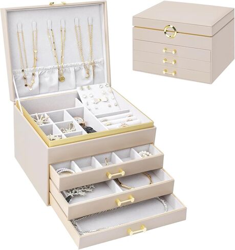 Jewelry Box，4-Layer Large Jewelry Organizers for Women with 3 Drawers,Storage Modern Style Jewelry Boxes Storage of Earrings Rings Bracelets Necklace（Black） in Kuwait