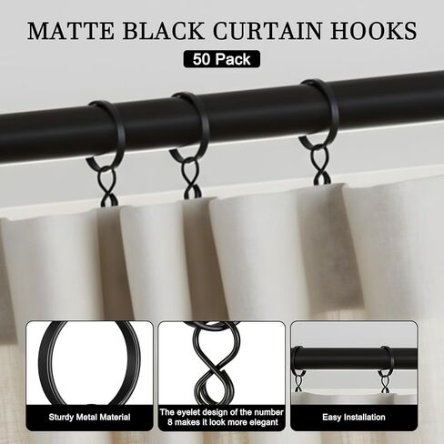 50 Pack Curtain Rings with Eyelets 1.5 Inch Ring for Curtain Pin Hooks Metal with Clips for Rods 1.2" or Smaller(Black) in Saudi Arabia