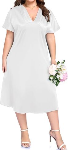 OVERWORETY Plus Size Satin V Neck Midi Dress Silk Sexy Formal Party Cocktail Evening Dresses for Women Wedding Guest in Saudi Arabia
