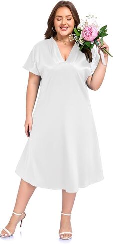 OVERWORETY Plus Size Satin V Neck Midi Dress Silk Sexy Formal Party Cocktail Evening Dresses for Women Wedding Guest in Saudi Arabia