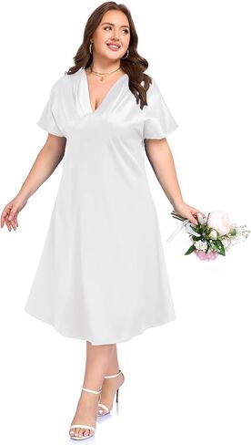 OVERWORETY Plus Size Satin V Neck Midi Dress Silk Sexy Formal Party Cocktail Evening Dresses for Women Wedding Guest in Saudi Arabia