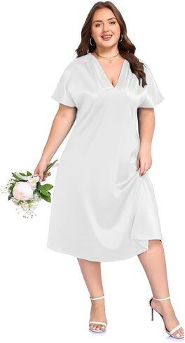 OVERWORETY Plus Size Satin V Neck Midi Dress Silk Sexy Formal Party Cocktail Evening Dresses for Women Wedding Guest in Saudi Arabia