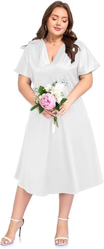 OVERWORETY Plus Size Satin V Neck Midi Dress Silk Sexy Formal Party Cocktail Evening Dresses for Women Wedding Guest in Saudi Arabia