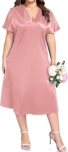 OVERWORETY Plus Size Satin V Neck Midi Dress Silk Sexy Formal Party Cocktail Evening Dresses for Women Wedding Guest in Saudi Arabia
