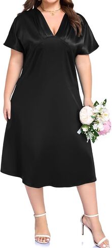 OVERWORETY Plus Size Satin V Neck Midi Dress Silk Sexy Formal Party Cocktail Evening Dresses for Women Wedding Guest in Saudi Arabia