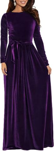 BestGirl Women's Velvet Maxi Dress Crew Neck Long Sleeve High Waist with Belt Cocktail Party Bridesmaid Dresses in Saudi Arabia