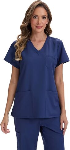 قمصان نسائية طبية بأكمام قصيرة وقابلة للتمدد وناعمة وممرضة موحدة ورقبة على شكل حرف V مع 3 جيوب in Kuwait