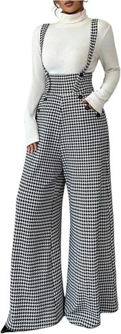 Milumia Women's Houndstooth Print Overalls Jumpsuit Casual Sleeveless Wide Leg Pants Romper in Saudi Arabia