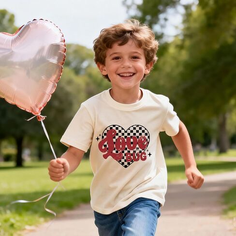 تي شيرت عيد الحب للأولاد والبنات Love Heart Dino تي شيرت قطني بأكمام قصيرة من 3 إلى 13 سنة in Kuwait