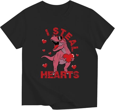 تي شيرت عيد الحب للأولاد والبنات Love Heart Dino تي شيرت قطني بأكمام قصيرة من 3 إلى 13 سنة in Kuwait