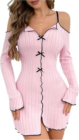 Women's Bow Nightgowns Lettuce Trim Cold Shoulder Slip Dress Ribbed Knit Sleepwear in Saudi Arabia