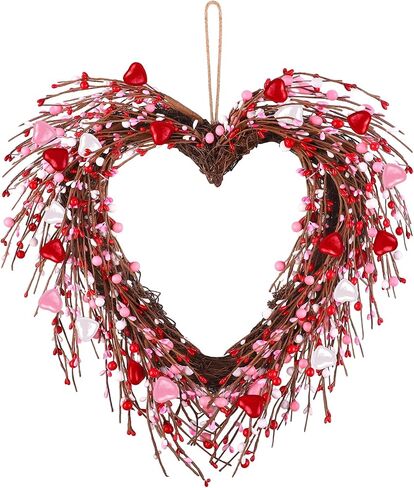 Aneco Valentine's Day Wreath 24 Inch Heart Shaped Wreath with Red Pink White Berry Handmade Valentine's Day Decorations for Anniversary Wedding Party Gift, Home Wall Window Front Door Decor in Saudi Arabia