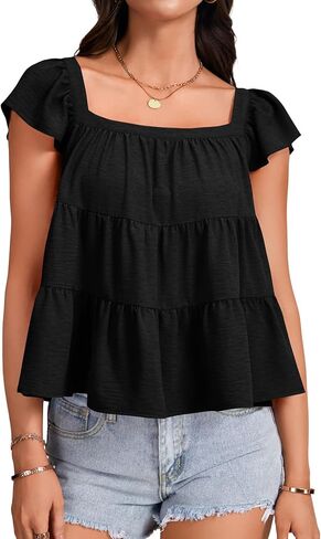 LYANER Women's Ruffle Pleated Square Neck Cap Sleeve Loose Fit Casual Blouse Top in Saudi Arabia
