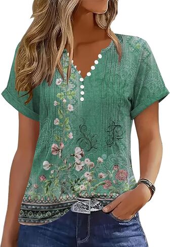 Soesdemo Short Sleeve Shirts for Women V Neck Button Down Floral Soft Boho Womens Blouses Casual Loose Fit Peasant Blouse in Saudi Arabia