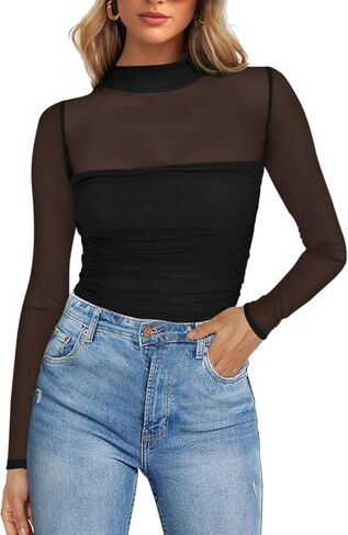 Poetsky Women's Sexy Sheer Long Sleeve Tops Mock Turtle Neck Mesh Ruched Fall Trendy Going Out Shirt Fitted Blouse 2026 in Saudi Arabia