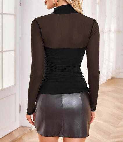Poetsky Women's Sexy Sheer Long Sleeve Tops Mock Turtle Neck Mesh Ruched Fall Trendy Going Out Shirt Fitted Blouse 2026 in Saudi Arabia