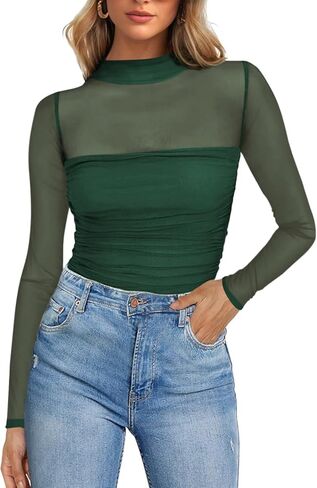 Poetsky Women's Sexy Sheer Long Sleeve Tops Mock Turtle Neck Mesh Ruched Fall Trendy Going Out Shirt Fitted Blouse 2026 in Saudi Arabia