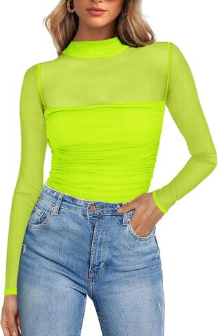 Poetsky Women's Sexy Sheer Long Sleeve Tops Mock Turtle Neck Mesh Ruched Fall Trendy Going Out Shirt Fitted Blouse 2026 in Saudi Arabia