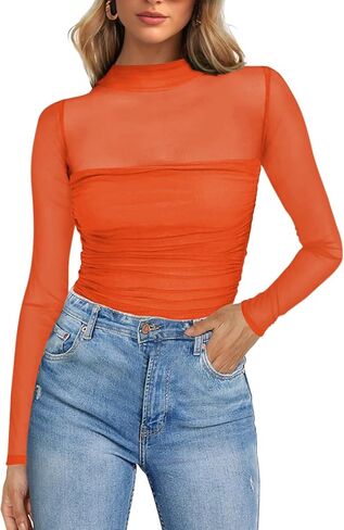 Poetsky Women's Sexy Sheer Long Sleeve Tops Mock Turtle Neck Mesh Ruched Fall Trendy Going Out Shirt Fitted Blouse 2026 in Saudi Arabia