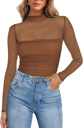 Poetsky Women's Sexy Sheer Long Sleeve Tops Mock Turtle Neck Mesh Ruched Fall Trendy Going Out Shirt Fitted Blouse 2026 in Saudi Arabia