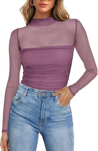 Poetsky Women's Sexy Sheer Long Sleeve Tops Mock Turtle Neck Mesh Ruched Fall Trendy Going Out Shirt Fitted Blouse 2026 in Saudi Arabia