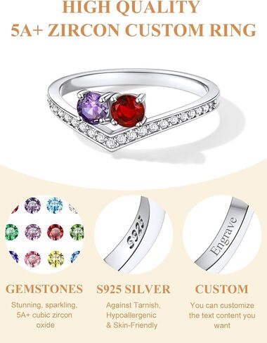 Custom4U خواتم جوهرة مخصصة للنساء 925 الفضة الاسترليني خاتم الأمهات الأنيق القابل للتكديس مع 1-5 جوهرة الميلاد محفورة اسم الزفاف هدايا عيد ميلاد مجوهرات لأمي زوجة لها (صندوق هدية) in Kuwait