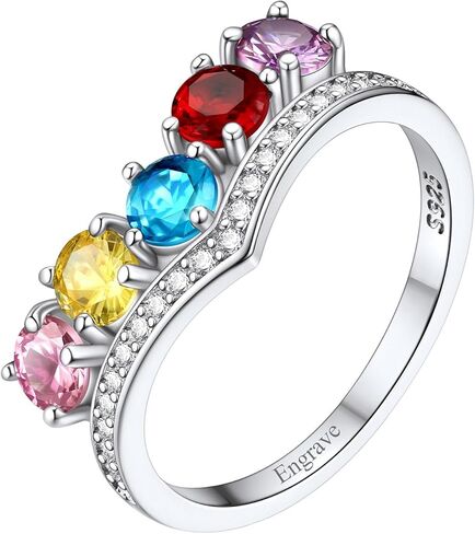 Custom4U خواتم جوهرة مخصصة للنساء 925 الفضة الاسترليني خاتم الأمهات الأنيق القابل للتكديس مع 1-5 جوهرة الميلاد محفورة اسم الزفاف هدايا عيد ميلاد مجوهرات لأمي زوجة لها (صندوق هدية) in Kuwait