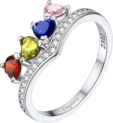 Custom4U خواتم جوهرة مخصصة للنساء 925 الفضة الاسترليني خاتم الأمهات الأنيق القابل للتكديس مع 1-5 جوهرة الميلاد محفورة اسم الزفاف هدايا عيد ميلاد مجوهرات لأمي زوجة لها (صندوق هدية) in Kuwait